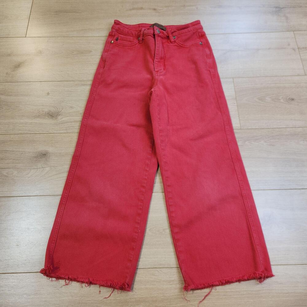 Judy Blue Wide Leg Jeans Womens 7/28 Red High Rise Cropped Frayed Hem Denim